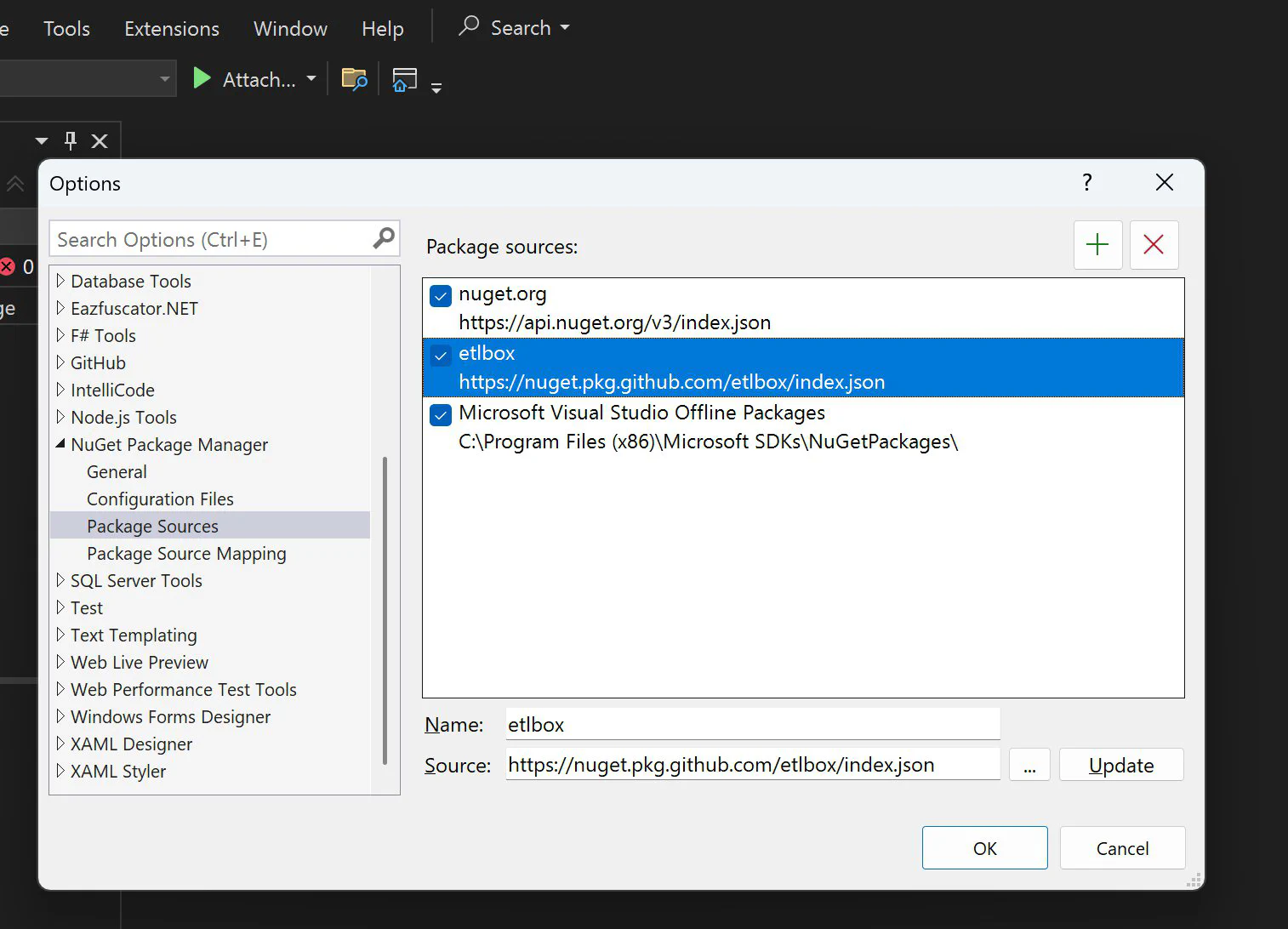 Visual Studio Options - Adding Nuget Package Source